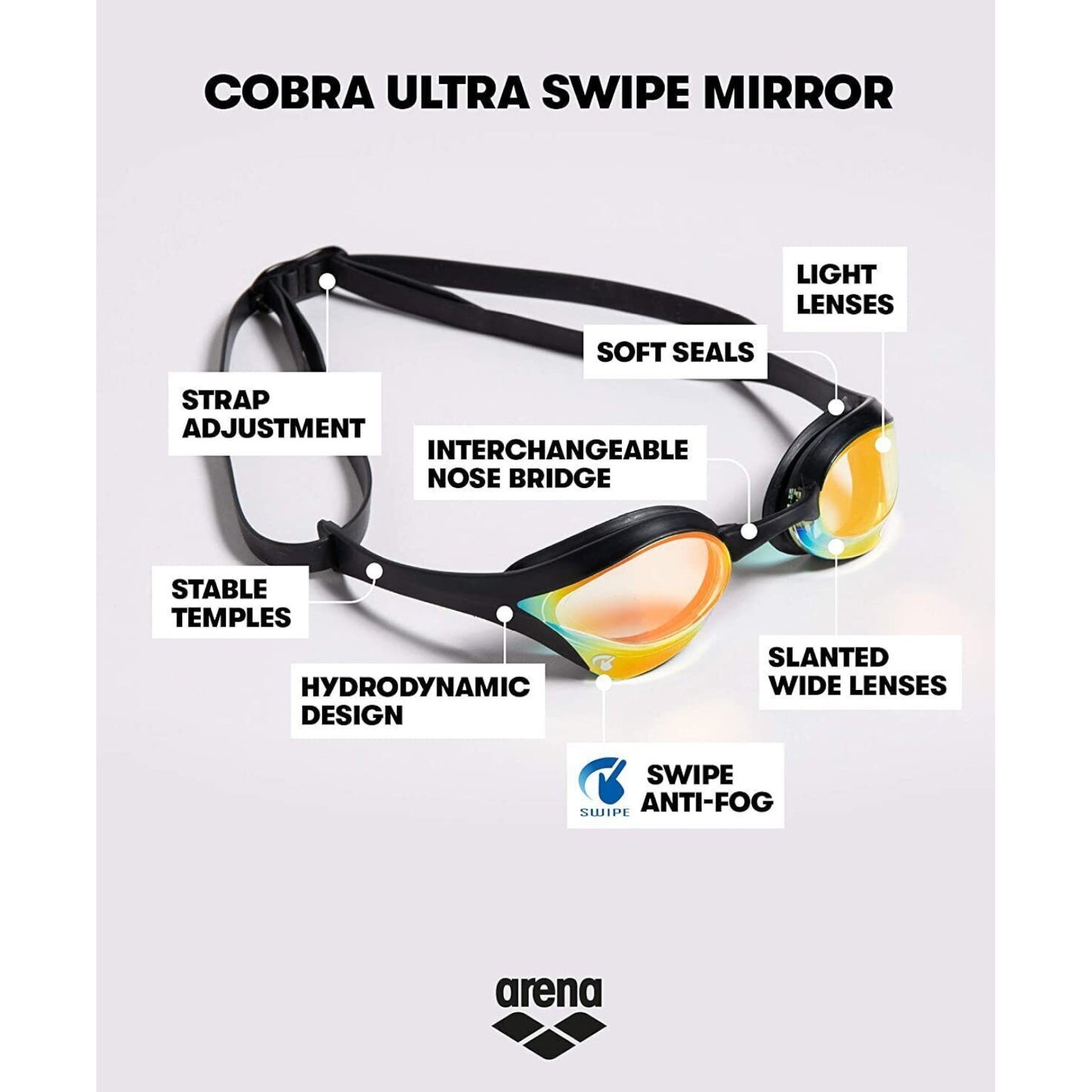 Arena Cobra Ultra Swipe Mirror Racing Unisex Men's Swimming Goggles Silver Blue Alternate 2