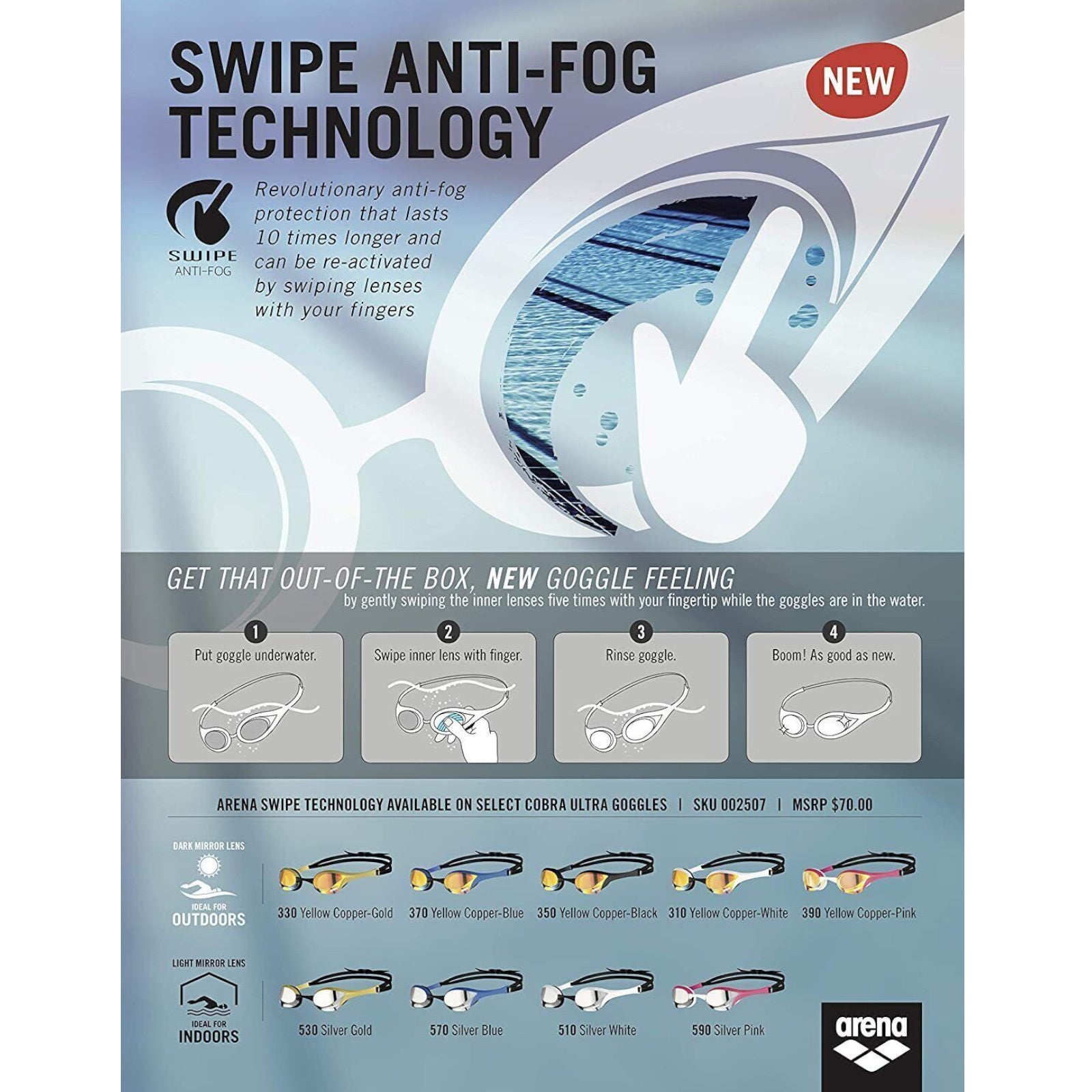 Arena Cobra Ultra Swipe Mirror Racing Unisex Men's Swimming Goggles Silver Blue Alternate 3