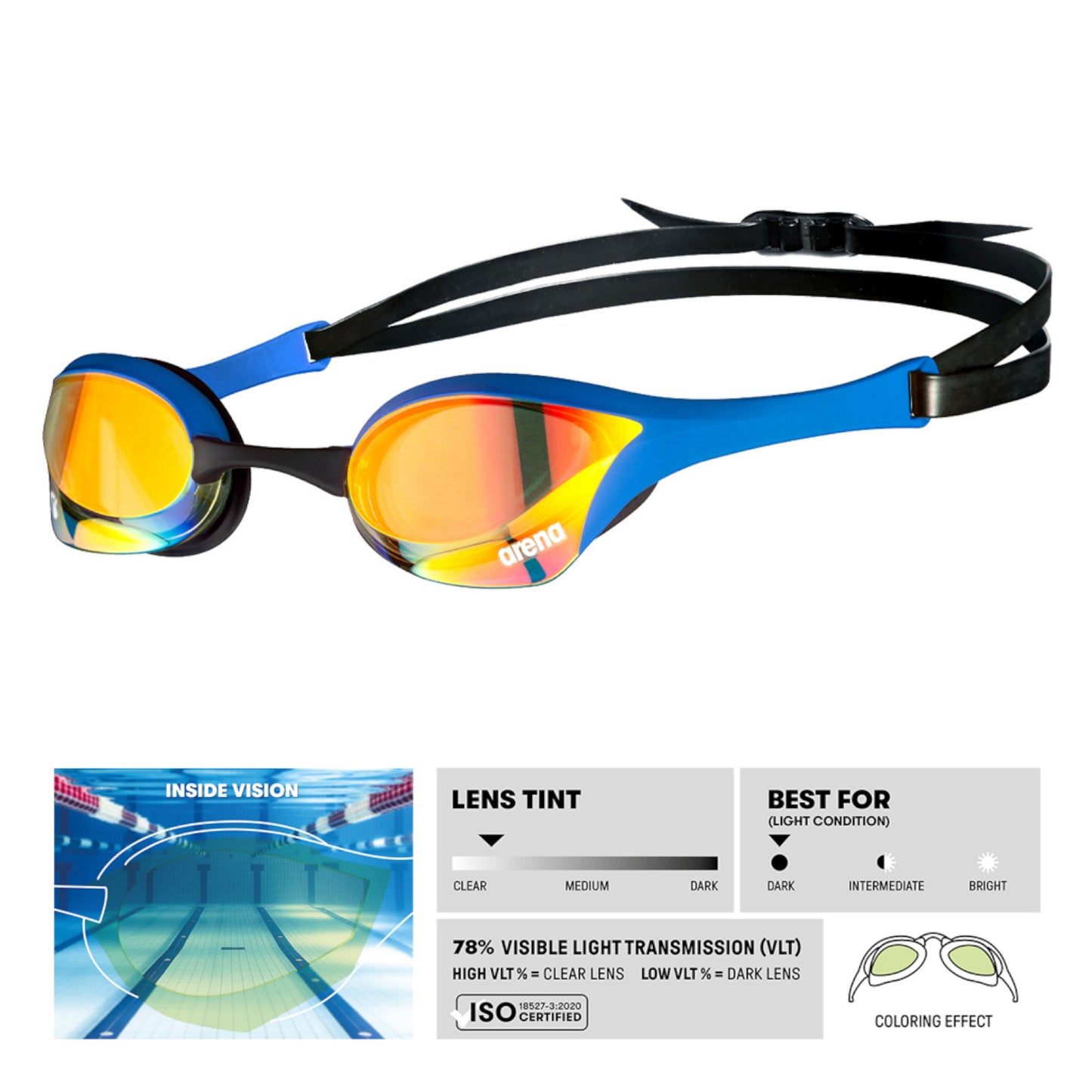 Arena Cobra Ultra Swipe Mirror Racing Yellow Copper Blue Men's Swimming Goggles Alternate 1