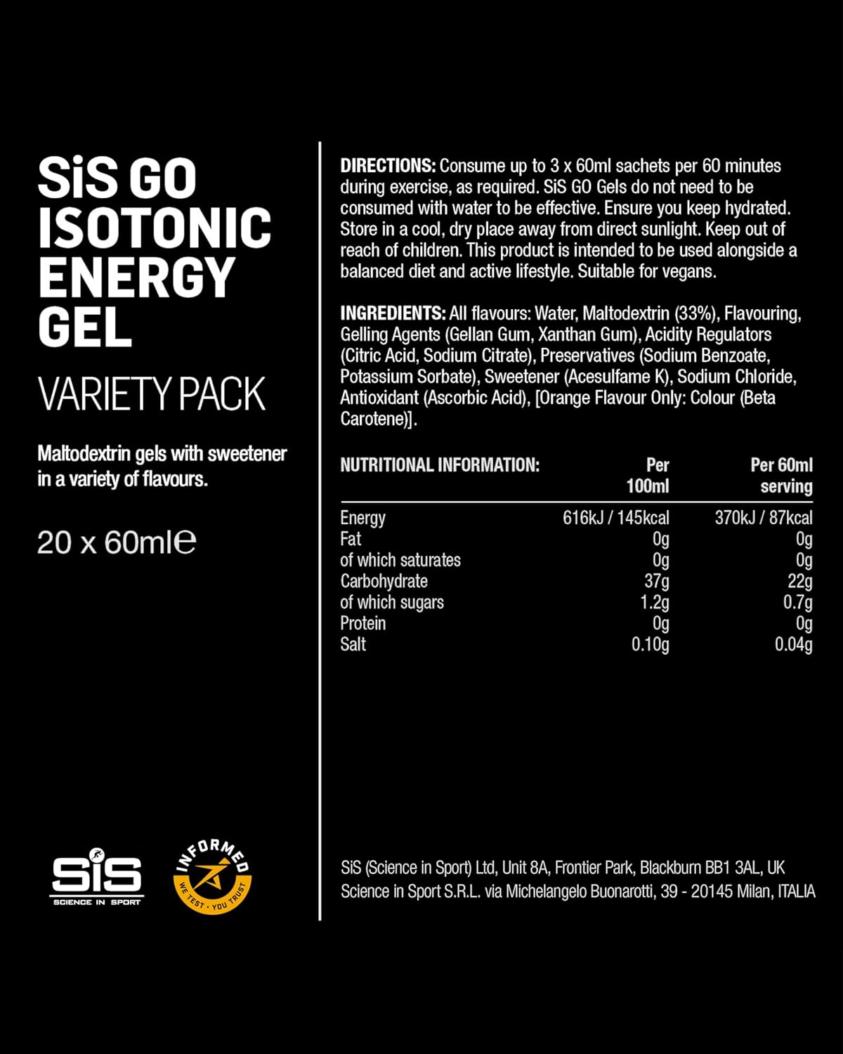 SIS GO Isotonic Sports Energy Gel | Variety Pack of 20 x 60ml