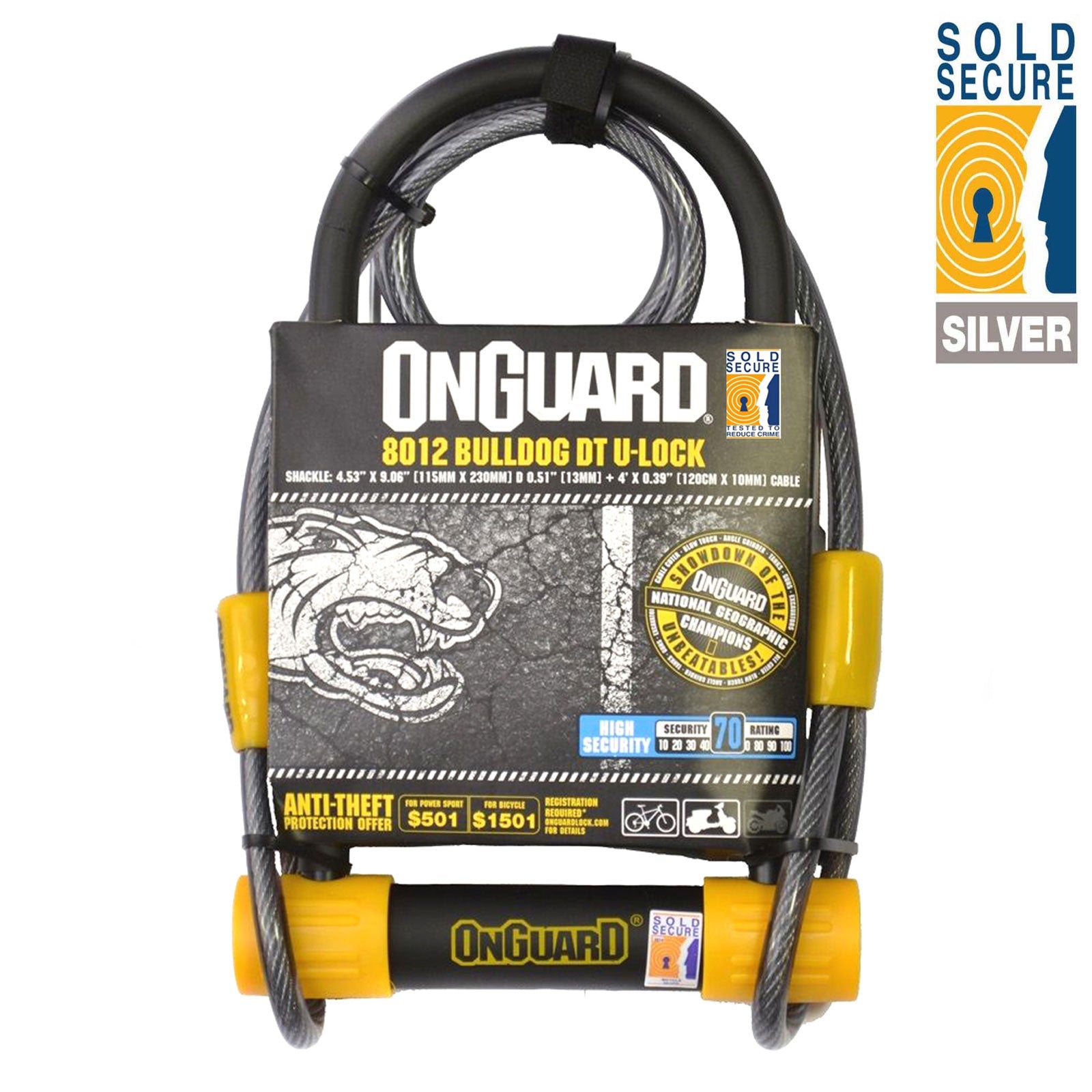 Onguard Bulldog DT 8012 Bike D-Lock Includes Cable Sold Secure Silver