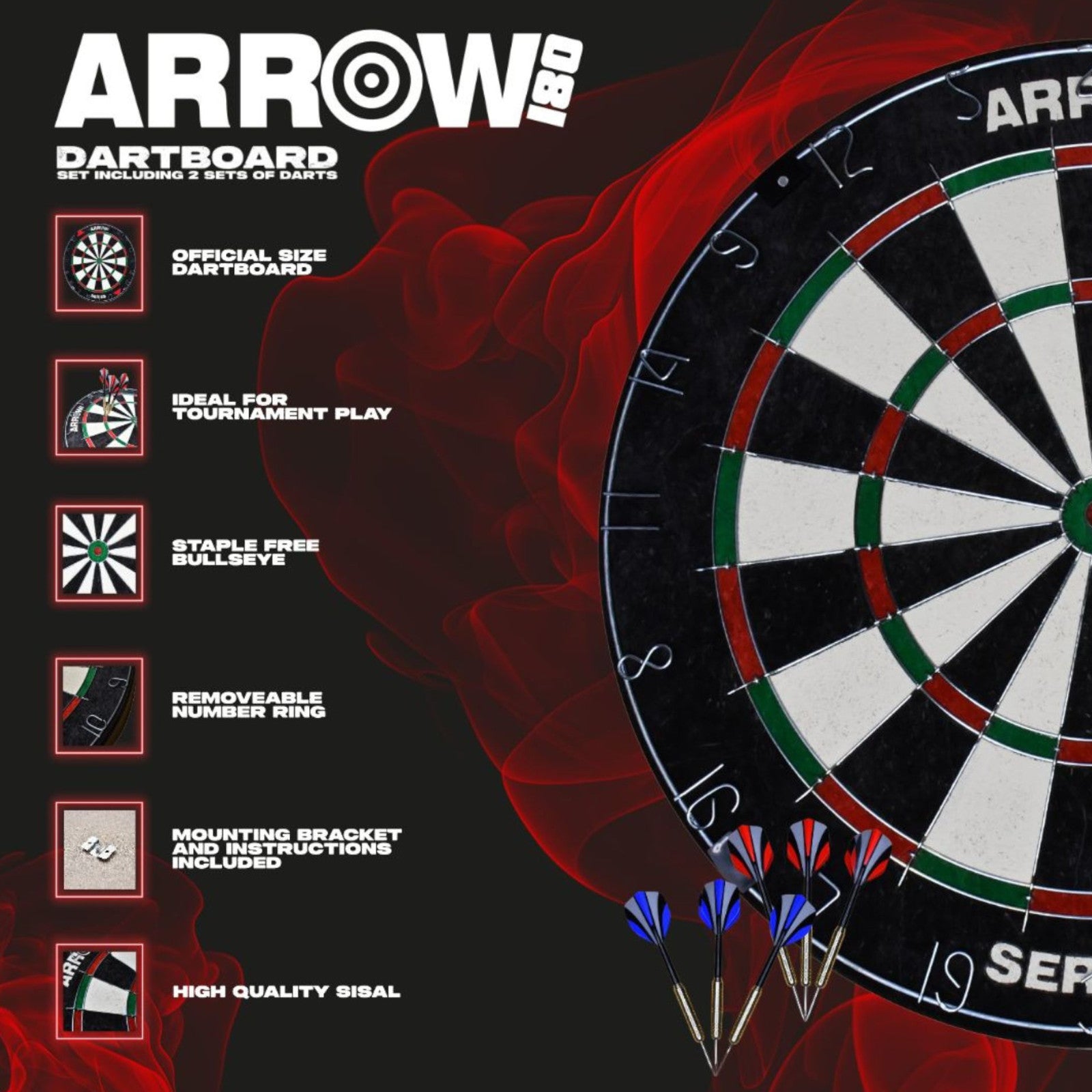 Arrow180 Bristle Dartboard with 2 FREE 18g Sets of Darts Alternate 4