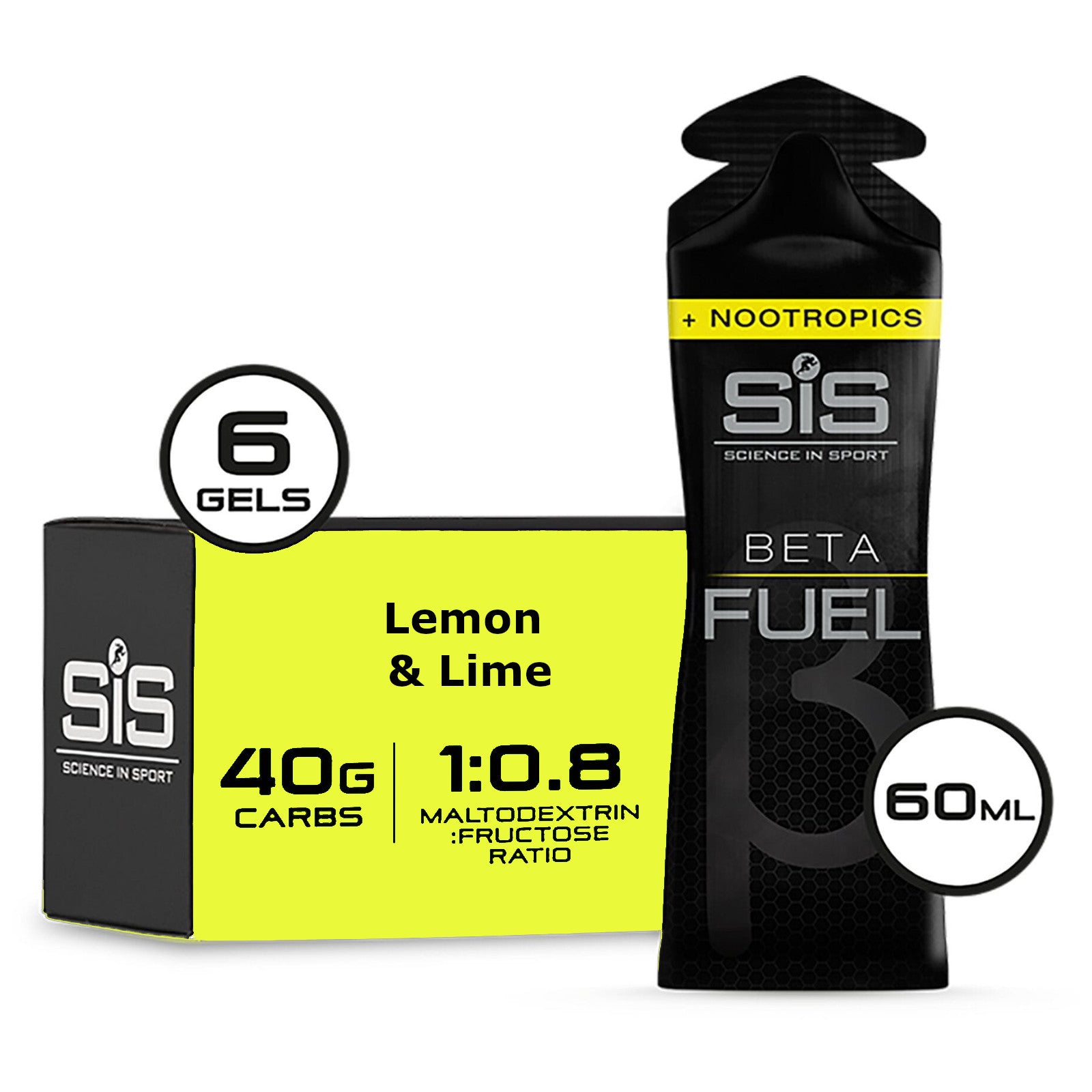 SIS BETA Fuel Gel Plus Nootropics 6 Pack 60ml Sports Energy Gel Lemon and Lime Box of 6