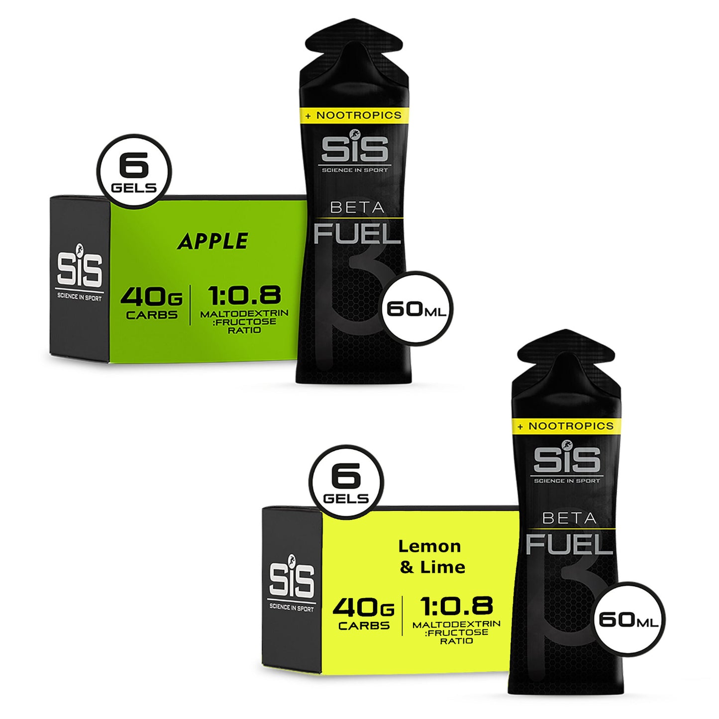 SIS BETA Fuel Gel Plus Nootropics 6 Pack 60ml Sports Energy Gel Box of 6 Collection