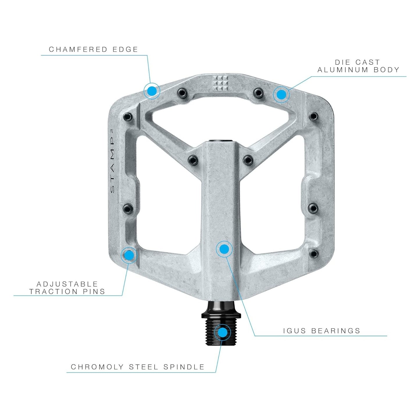Crank Brothers Stamp 2 V2 Gen 2 Raw Large 9/16 Inch Platform Bike Pedals Alternate 2