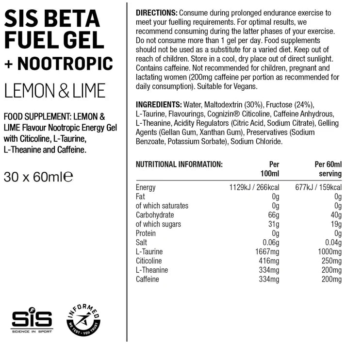 SIS BETA Fuel +Nootropics Energy Gel | Box of 6 x 60ml - Various Flavours