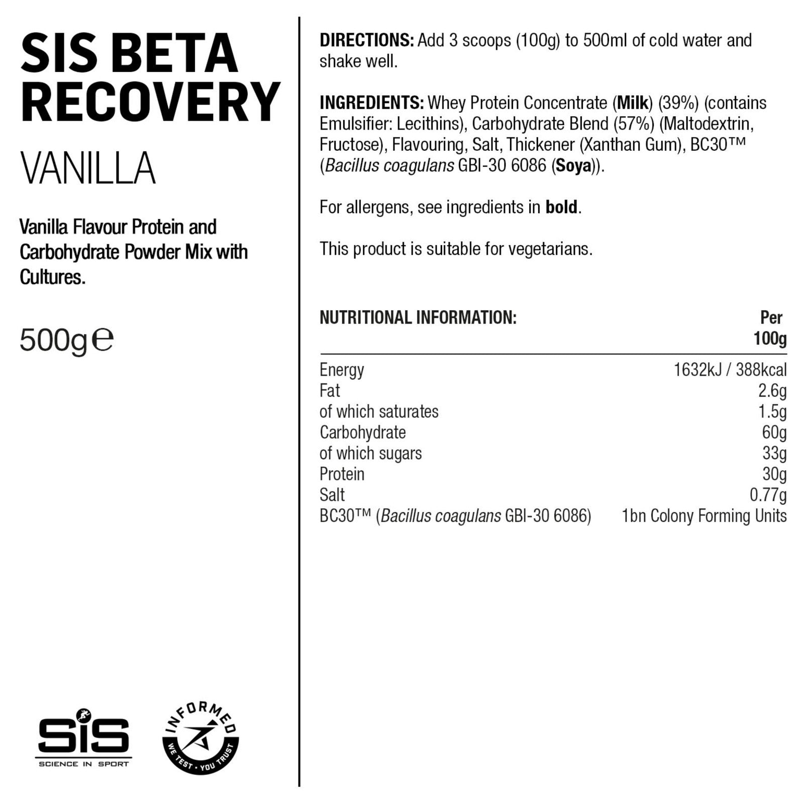 SIS BETA Recovery Drink Powder 500g Vanilla Sports Recovery Powder Alternate 1