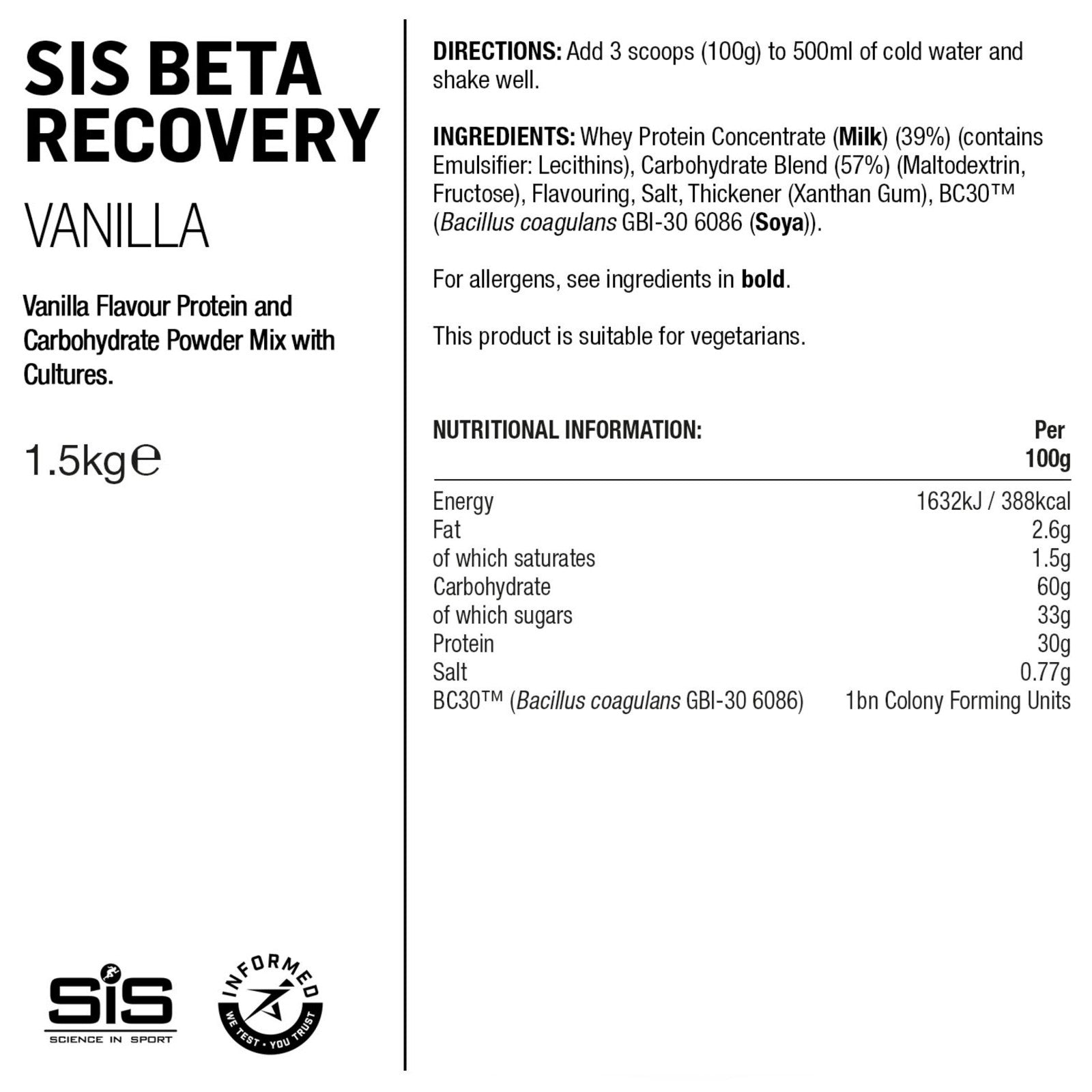SIS BETA Recovery Drink Powder 1.5kg Vanilla Sports Recovery Powder Alternate 1