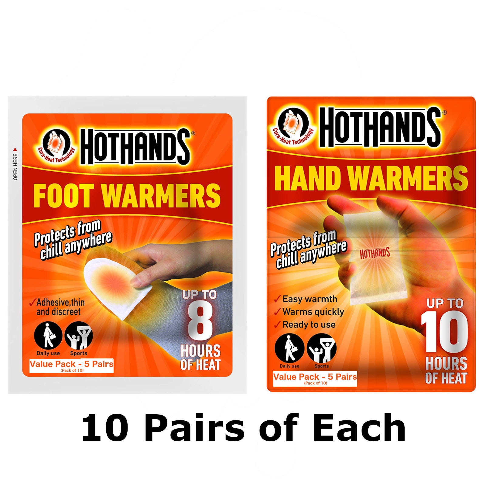 Hot Hands Hand & Foot Warmers Combo Pack Outdoor Survival Equipment 2 Packets - 10 Pairs
