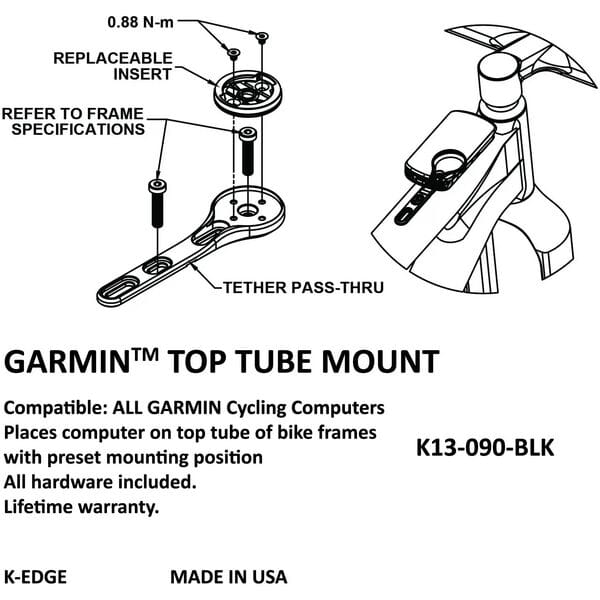 K-Edge Garmin Top Tube Mount, Black Anodised Bike Computer Mount for Garmin Alternate 2