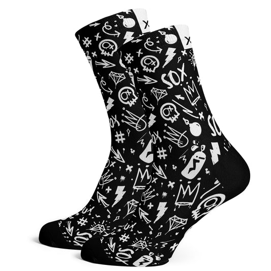 Sox Footwear Doodle Black Mono-Chrome Premium Crew Men's Cycling Socks