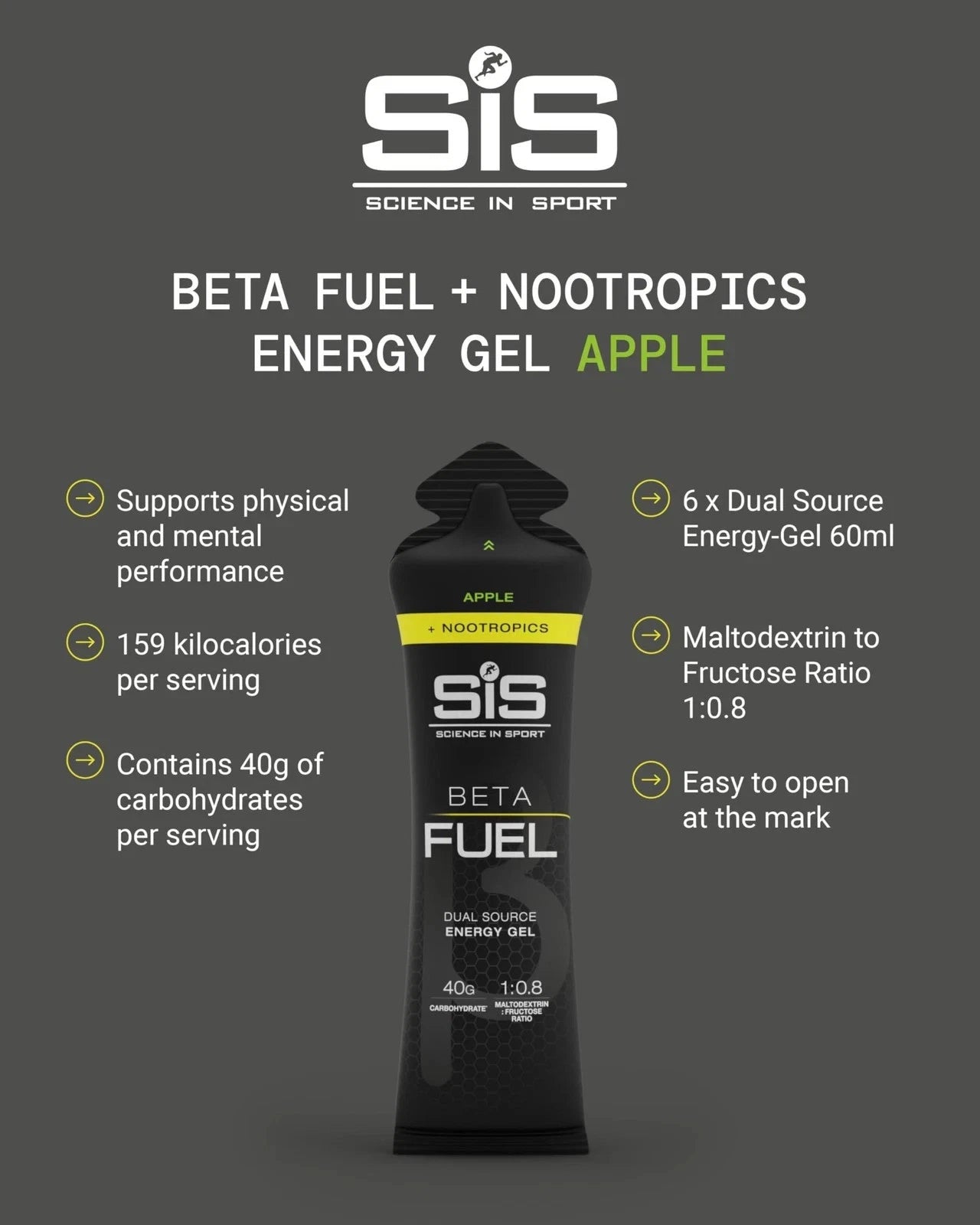 SIS BETA Fuel +Nootropics Energy Gel | Box of 30 x 60ml - Apple