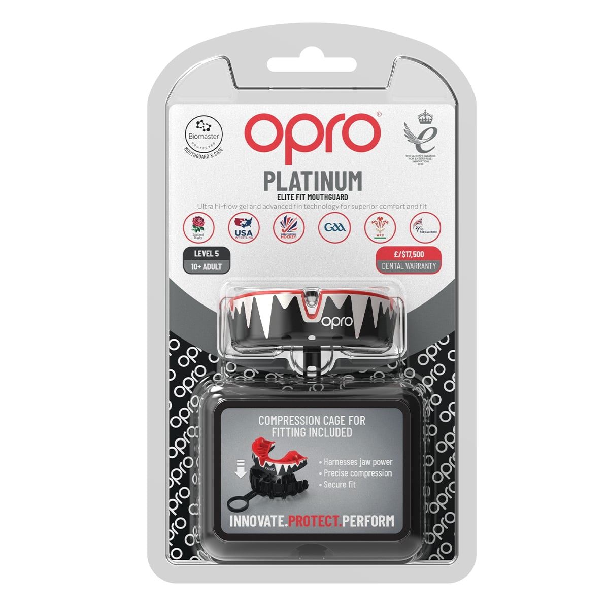 Men's Rugby Protective Mouthguard OPRO Self-Fit Platinum Fangz 2022 Black/White/Red Alternate 1