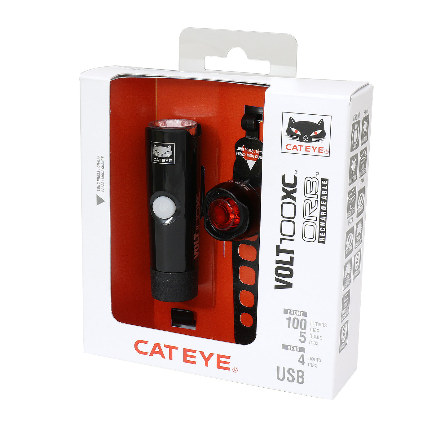 Cateye Volt 100 XC Front & Orb RC Rear Front & Rear Bike Light Set Alternate 1