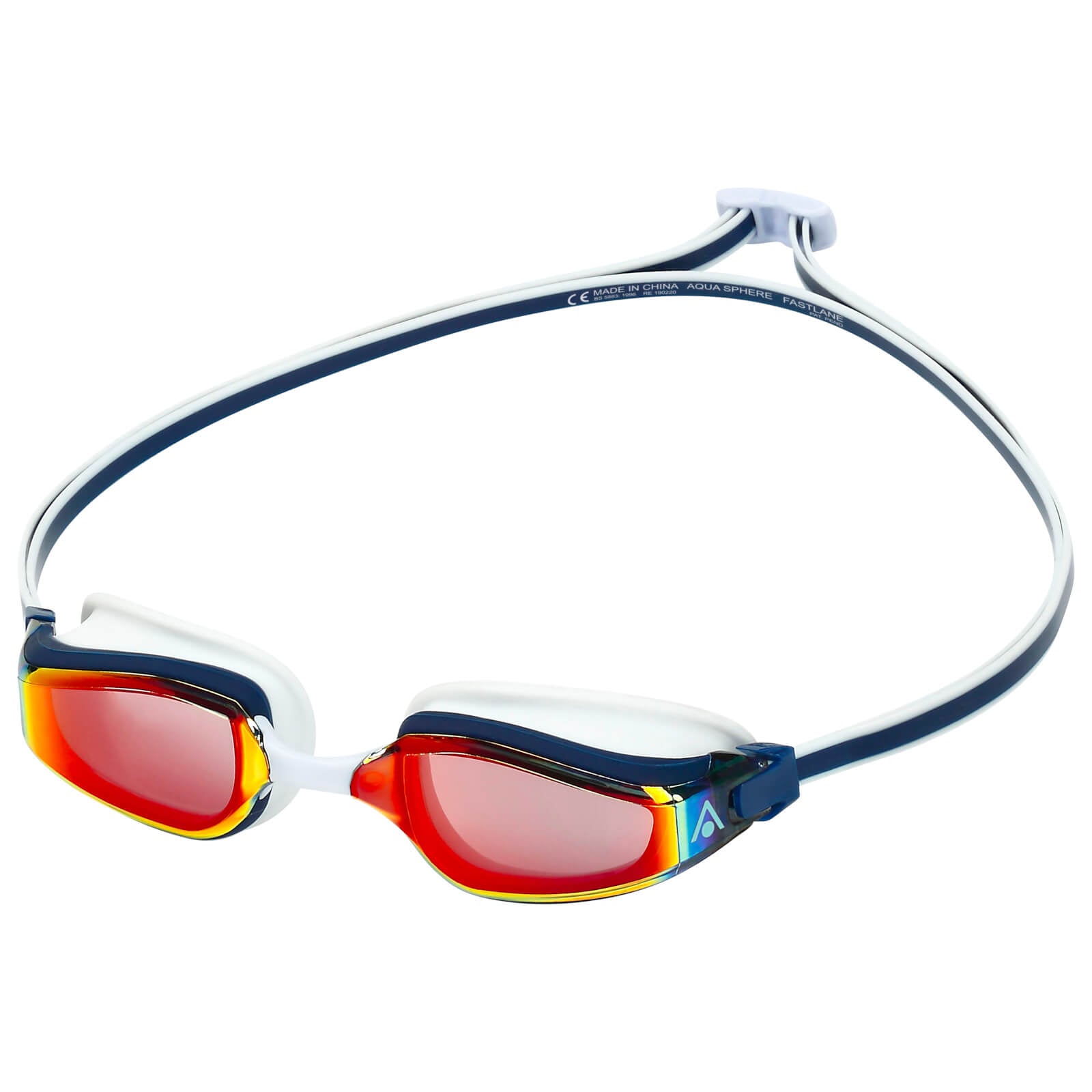 Men's Swimming Goggles Aqua Sphere Fastlane Adult Fitness Pool Navy Blue - Red Titanium Mirror
